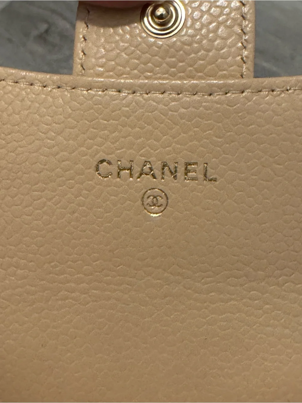 CHANEL Tan Quilted Caviar Leather Card Wallet with Gold CC